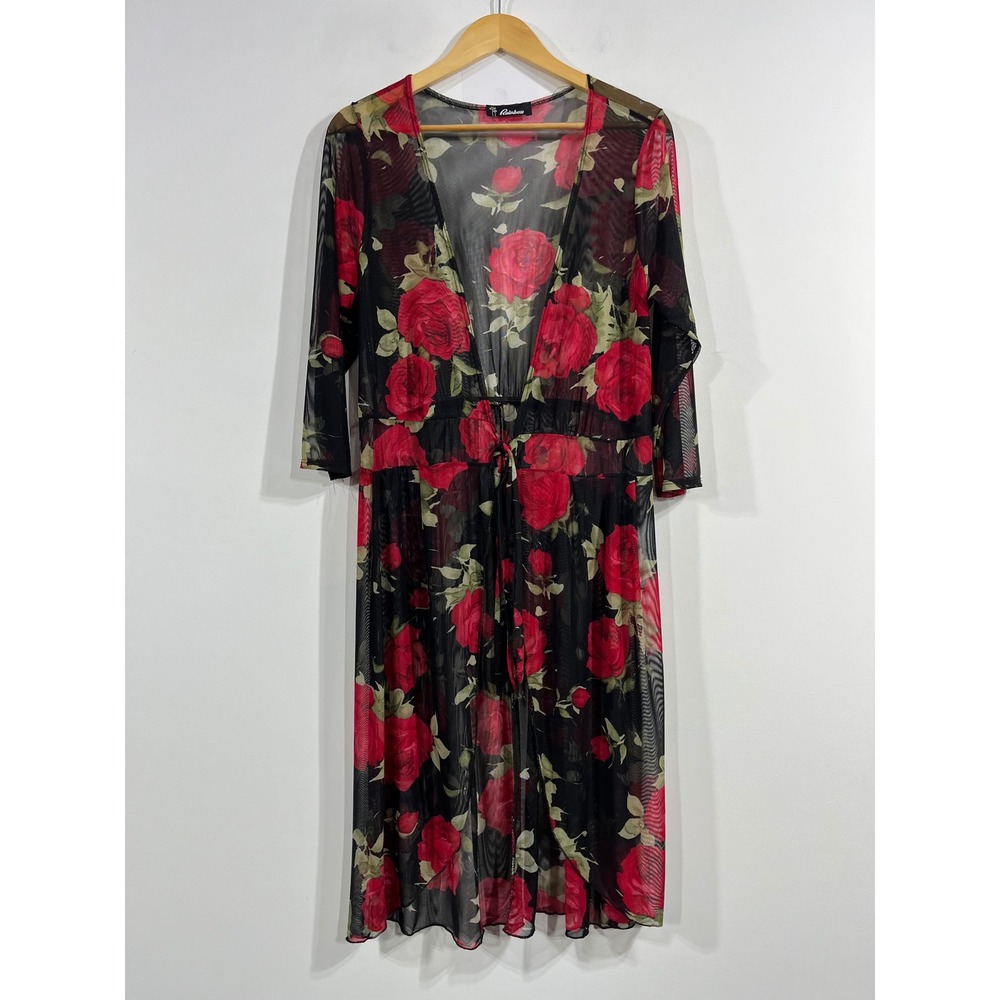 Rainbow Y2K Boho Festival Sheer Mesh Floral Duster Cardigan Tie Front Womens OS
